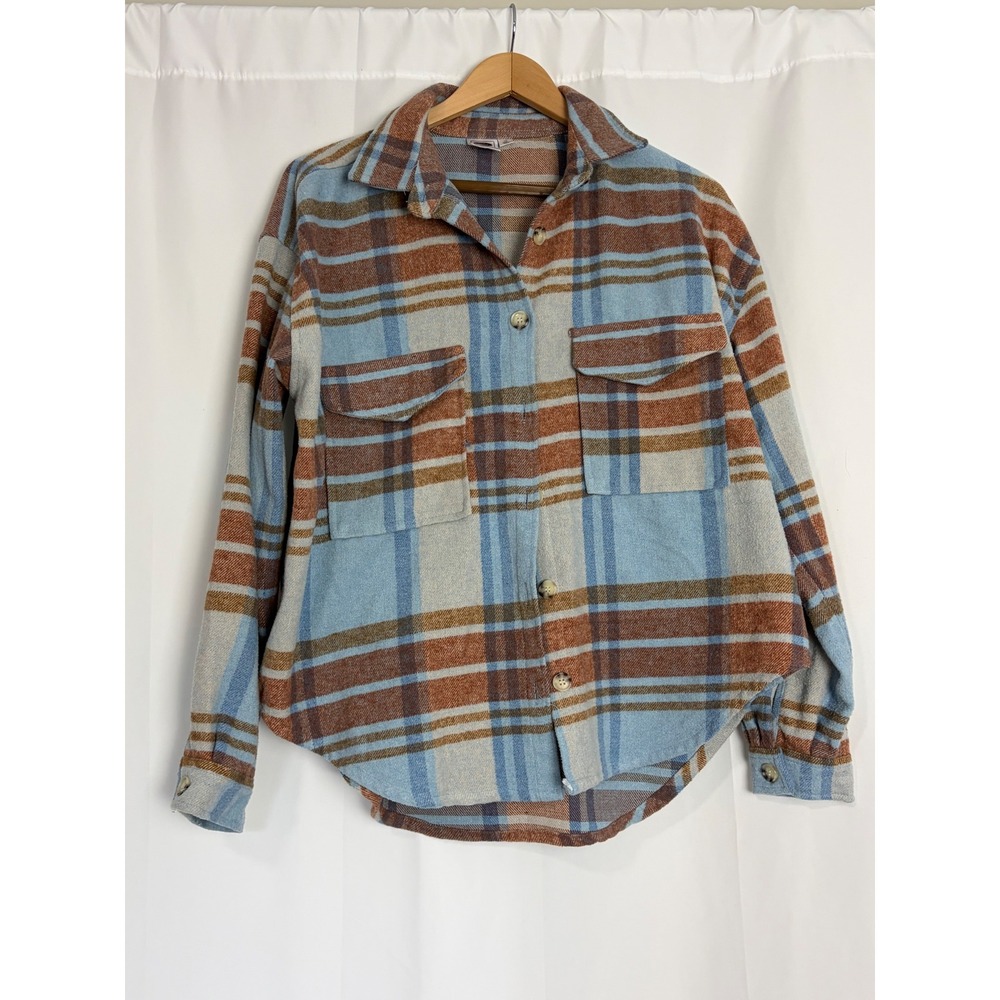 Ford Vintage Bronco Plaid Flannel Graphic Shirt Blue LG Shacket Fall Brown